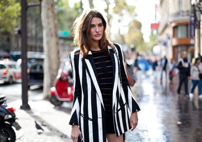 Paris Fashionweek 2012, rue du scribe, outside Balmain, black dress, block stripes, black and white, black and white stripes